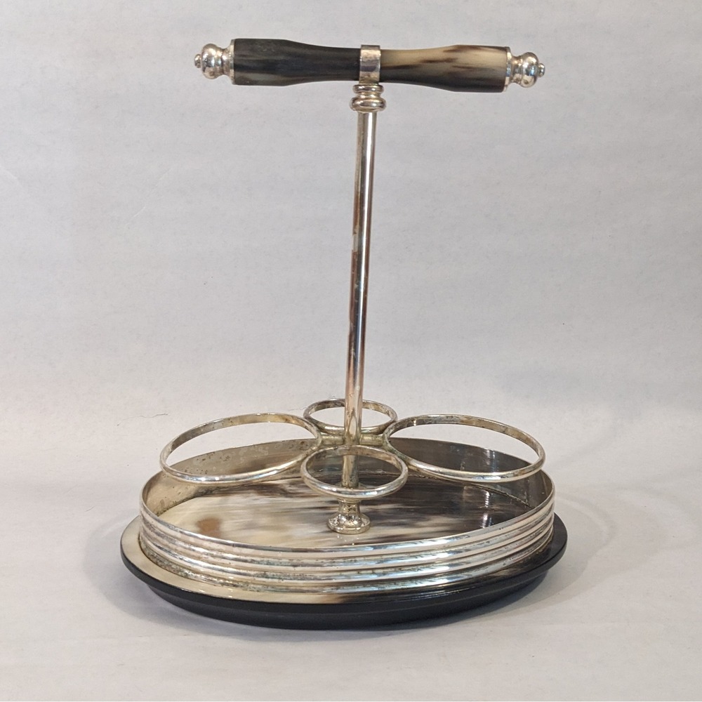Vintage Silverplate Cruet Stand with Horn Inlay Base and Handle 4 Bottle Holder‎